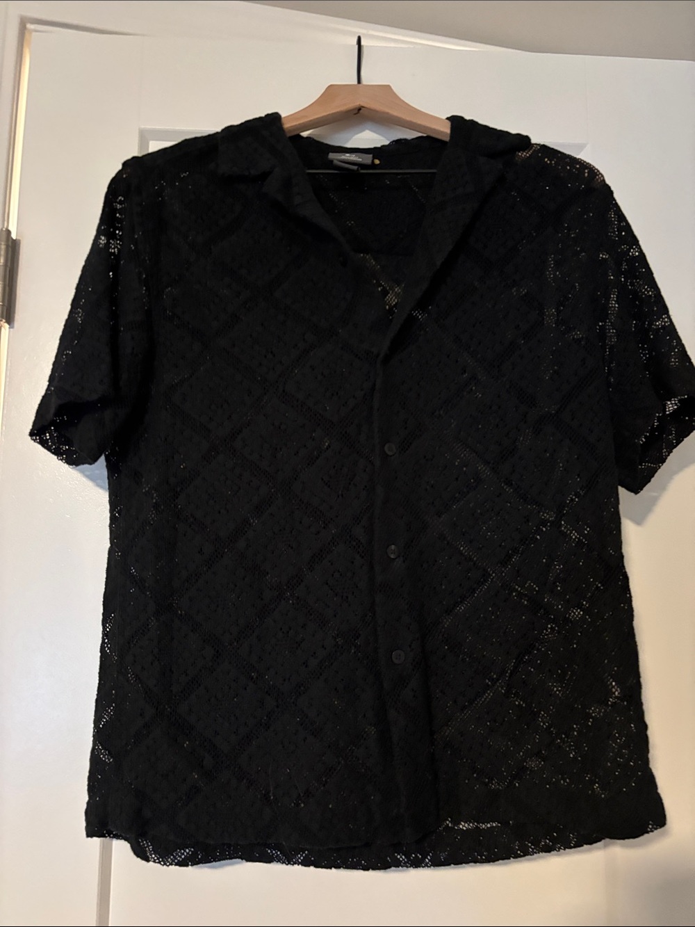 H&M Black Short-Sleeve Lace Button-Down Shirt